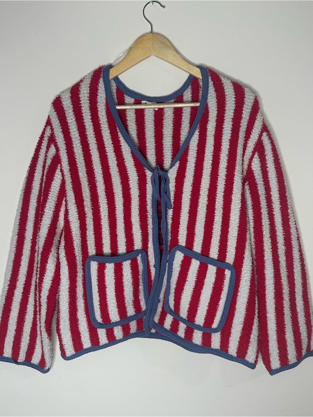 POL Red and White Striped Open-Front Cardigan w/ Blue Trim Sz S CottageCore Rose - Picture 2 of 16